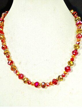Colorful Glass Bead Necklace Red Orange Yellow Gold Tone Elegant Jewelry New